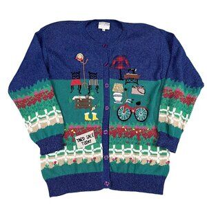 Blue and Green Women's Sweater with Yard Sale Design